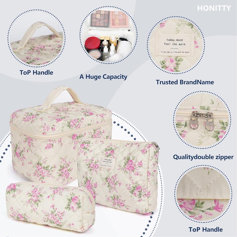 honitty Makeup Bag,Quilted Cosmetic Bags,Large Floral Make Up Organize bag,Makeup Bag Set for Women,Flower Travel Toiletry Bag - Image 3